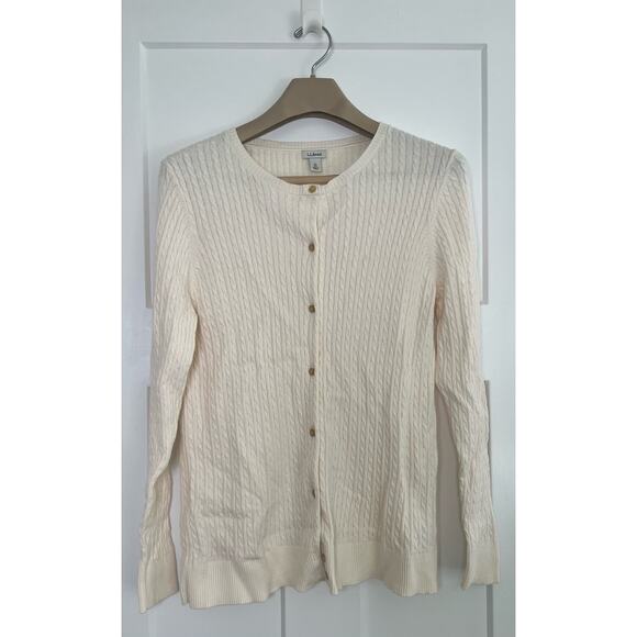 LL Bean Cable‎ Sweater Button Up Size XL Cotton Merino Wool Off White - Picture 1 of 12
